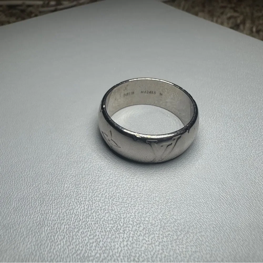 Louis Vuitton Silver Monogram & Fleur-De-Lis Ring M62485 Band Ring Auth